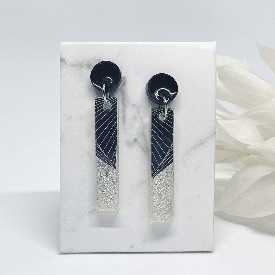 Long Black and Silver Glitter Earrings