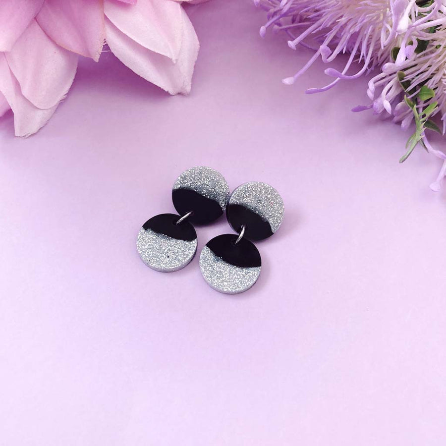 Seeing double Mini Round Black with Silver Glitter Earrings