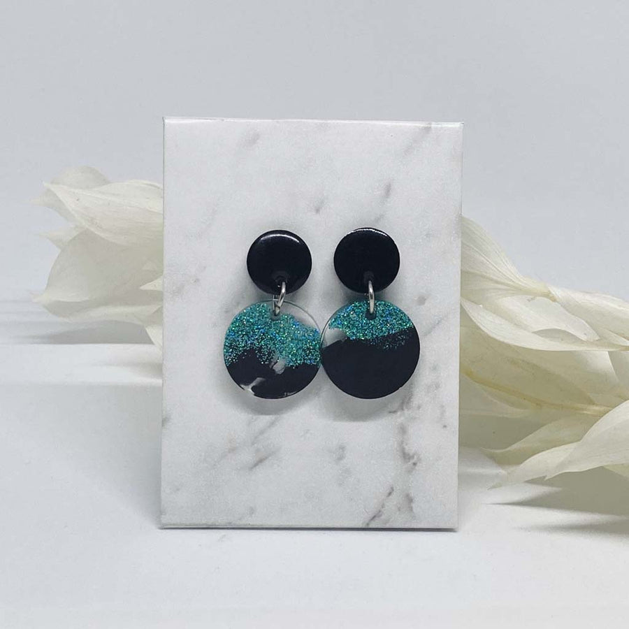 Shiny mini round Black with Green glitter resin earrings