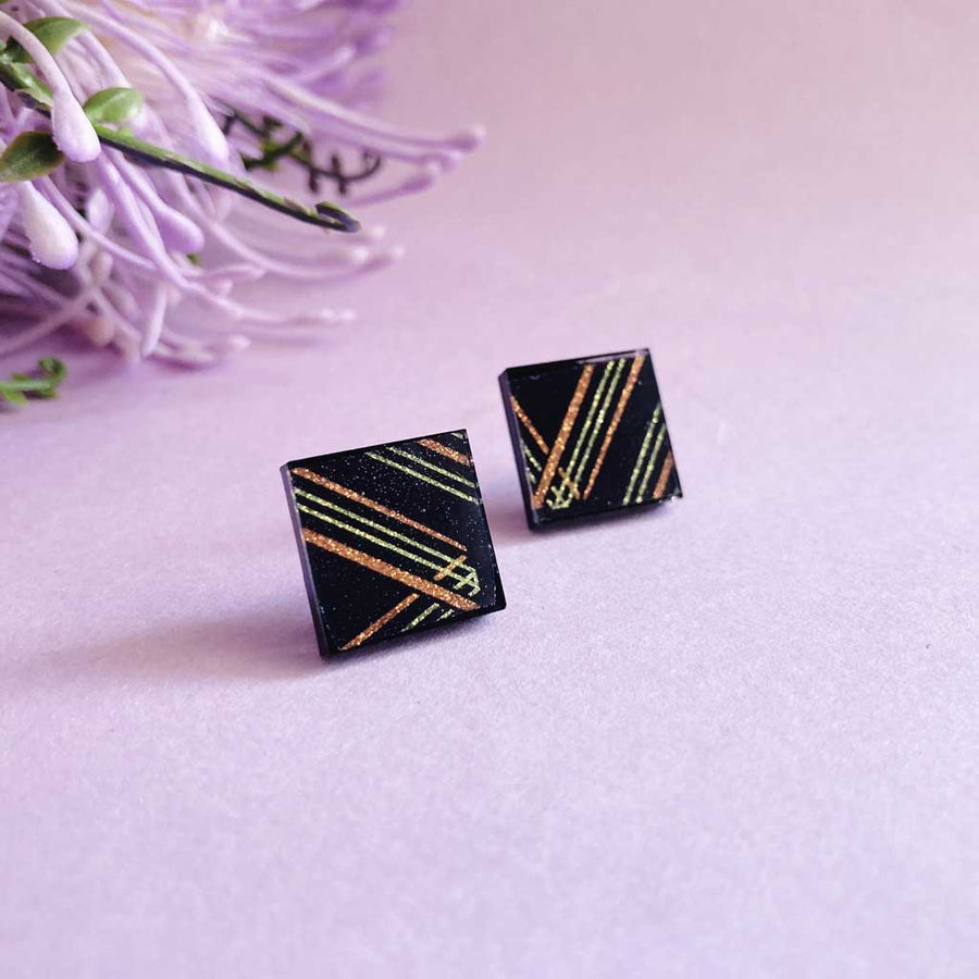 Copper and gold lines square Studs