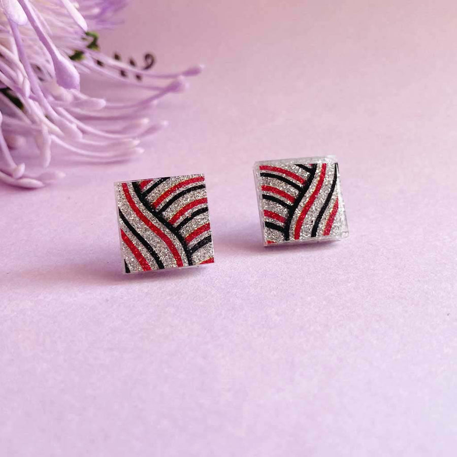 Silver Glitter with red and black Square Studs