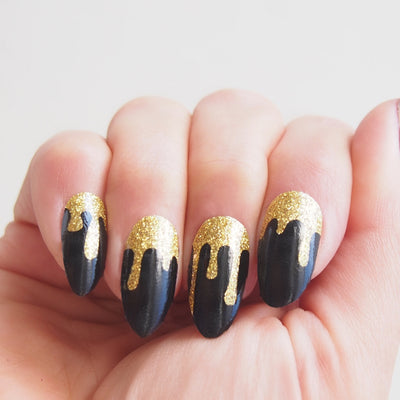 Nail wraps - Her Royal Flyness black and gold glitter nail art, glitter drip nails