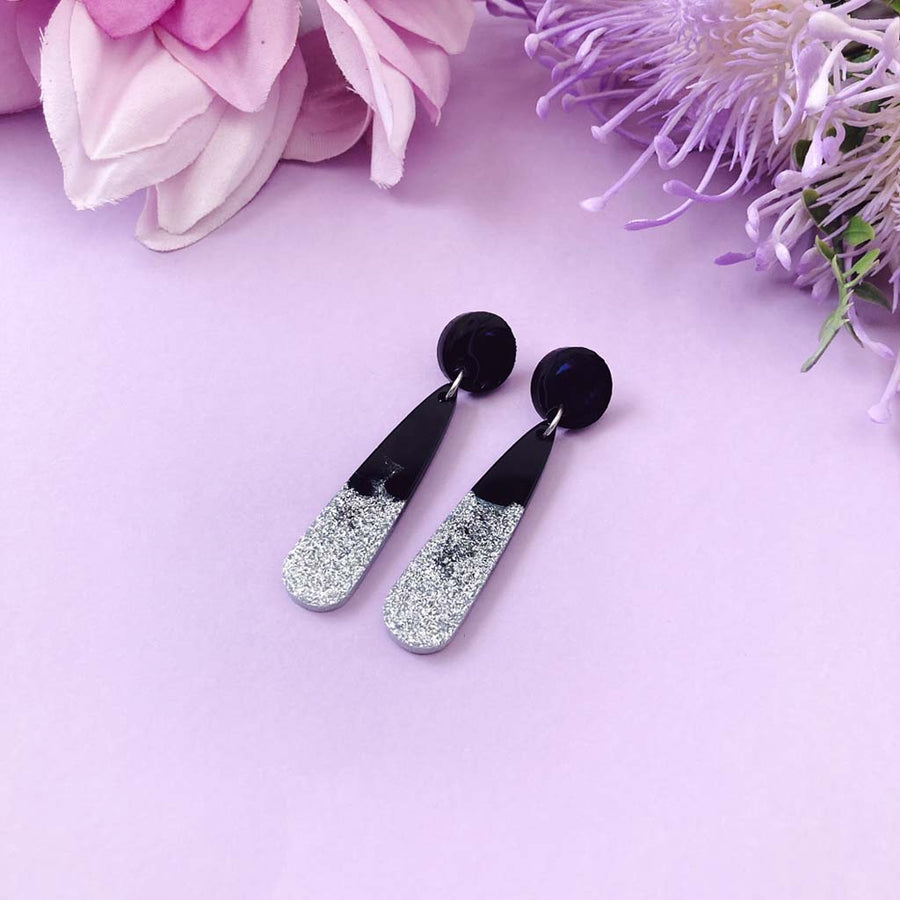 Shiny Black and Silver Glitter Teardrop Earrings