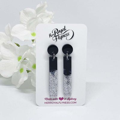 Shiny Long Black with Silver Glitter Resin Earrings