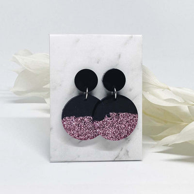 Shiny Round Pink Glitter with black drop earrings
