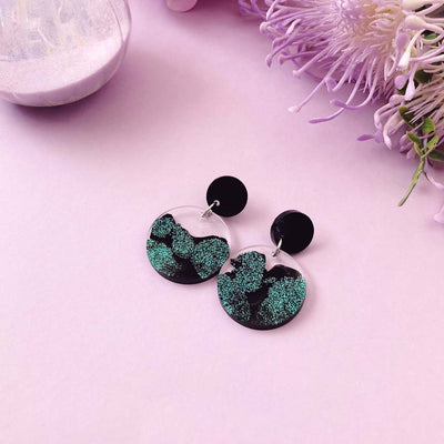 Transparent Round Black and Green Glitter Earrings