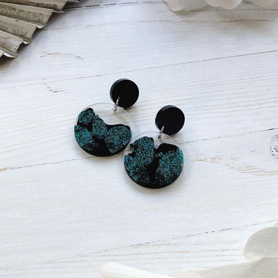Transparent Round Black and Green Glitter Earrings