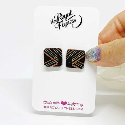 Copper and gold lines square Studs